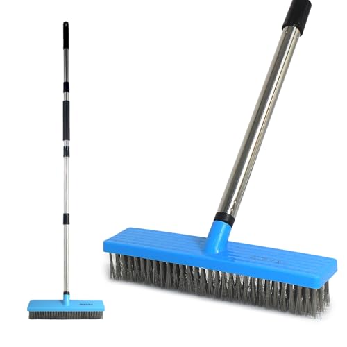 Stainless Steel Wire Broom Deck Scrubber Brush with 55” Adjustable Length Sturdy Long Handle, Stainless Steel Outdoor Broom for Cleaning Moss Concrete Floors Grout Gardens Patios