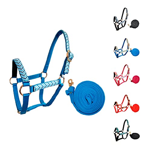 Tahoe Tack Patterned Nylon Mini Horse Halters with Padded Noseband and Matching 7’ Soft Grip Lead Rope - 6 Month Warranty - color: Blue Chevron, size: Mini Horse A (Under 34")