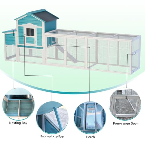 122" Large Chicken Coop for 3–6 Chickens, Outdoor Poultry Cage with Nesting Box, Ramp & Enclosed Run, Weatherproof Wood Hen House with Asphalt Roof, Pull-Out Tray & Predator-Proof Wire - color: Blue
