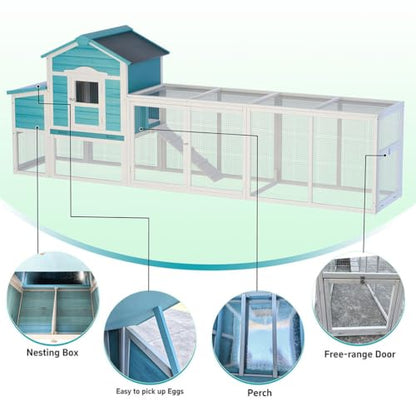 122" Large Chicken Coop for 3–6 Chickens, Outdoor Poultry Cage with Nesting Box, Ramp & Enclosed Run, Weatherproof Wood Hen House with Asphalt Roof, Pull-Out Tray & Predator-Proof Wire - color: Blue