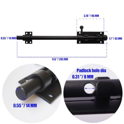 12Inch Slide Bolt Latch Black, Heavy Duty Barrel Bolt Latch with Padlock Hole, 304 Stainless Steel Sliding Bolt Gate Latch, Thickened Door Lock Hardware for Fence/Barn/Shed - size: 12 Inch