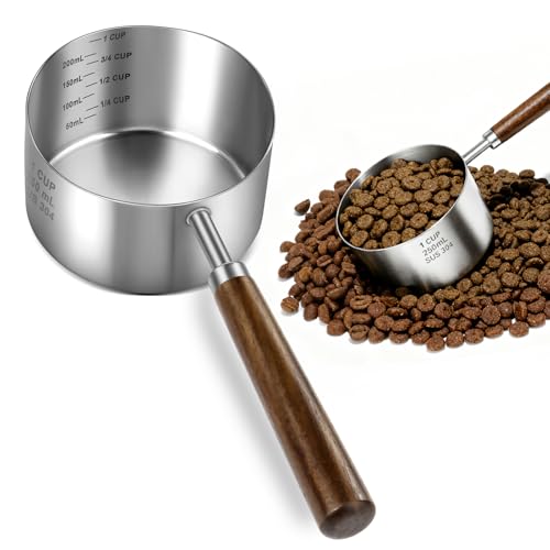 Stainless Steel Dog Food Scoop 1 Cup, Dog Food Measuring Cup With Measuring Lines (Cup/ML) & Long Wooden Handle, Metal Pet Food Scoop For Dogs, Cats and Kitchen Use, Dishwasher Safe - size: 1 CUP