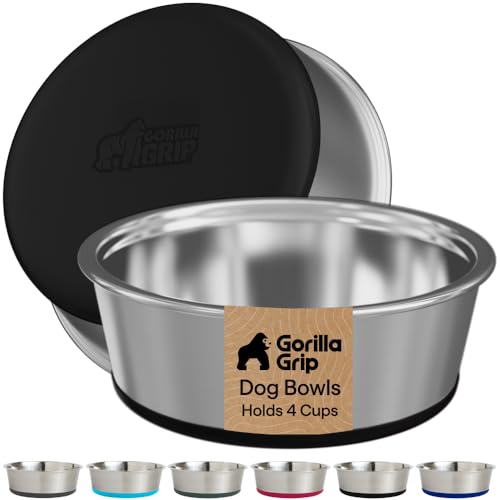 GORILLA GRIP Dog Bowls, Food Grade 304 Stainless Steel, Holds 4 Cups Each (32 fl oz) Food and Water Bowl for Feeding Dogs and Cats, Dishwasher Safe, Rust Resistant, BPA Free Rubber Base Set of 2 Black - color: Black, size: 4 Cup (32 Oz)