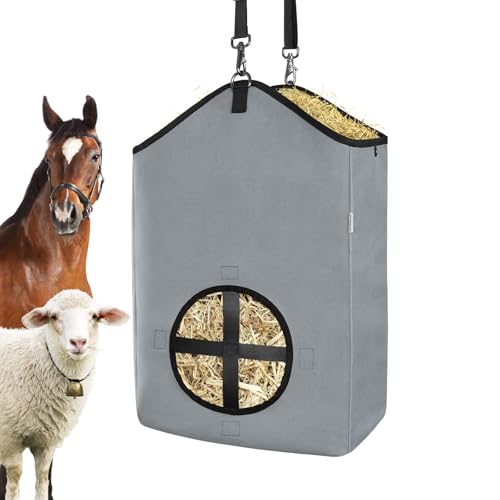 Hay Bags,Slow Feed Hay Bags for Horses,Goats,Donkeys with Reinforced Oxford Fabric and High Strength Metal Clasp,Horse Feeding Supplies with Strap for Easy Hanging (1 Grey) - color: 1 Grey