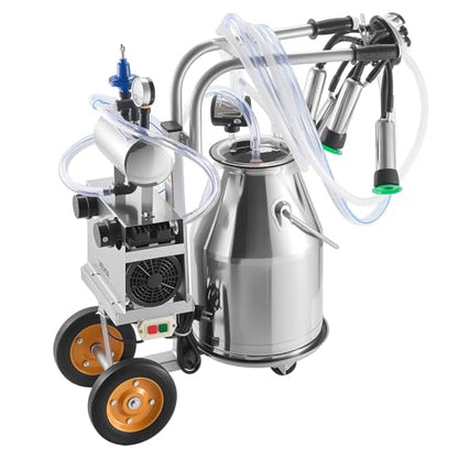 VEVOR Electric Cow Milking Machine, 6.6 Gal / 25 L 304 Stainless Steel Bucket, Food-Grade Teat Cups and Silicone Hose, Strong Suction, Vacuum Pulsation, Electric Milker Machine with Wheels for Cow - size: 25L