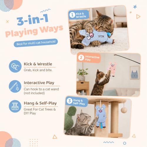 Cat Toys for Indoor Cats, 2 PCS 8000mg A+Natural Catnip Silvervine Crinkle Interactive Cat Toy Pig with Bell Elastic Tail, Baby-Grade Plush Chew Toy for Teeth Cleaning, Cat Kickers for Boredom