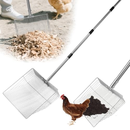 12 inch Chicken Poop Scooper, 4 in 1 Adjustable Chicken Coop Pooper Shovel (24 to 68"), Stainless Steel Sifting Litter Shovel Scoop for Chicken Coop/Goat Stall/Stable Cleaning
