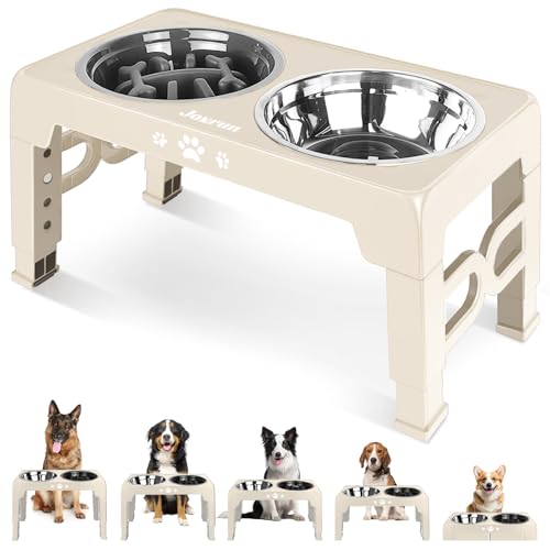 Jovrun Elevated Dog Bowls for Medium Large Size Dogs, Non-Slip Dog Feeder with 1*Stainless Steel Dishes & 1*Slow Feeder Bowl, 5 Heights Adjustable Raised Bowls to 3.15″-8.66″-9.84″-11.02″-12.2″ - color: Beige, size: for Medium Large Dogs 1 Basic&1Slow Bow