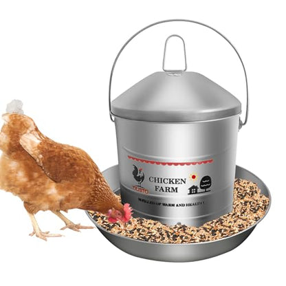 17.6 Lb Stainless Steel Poultry Feeder, Automatic Chicken Feeder No Waste, Hanging Chicken Feeder Heavy Duty Reliable Long-Lasting with Handle, Top Filled - size: 8KG/17.6 LB