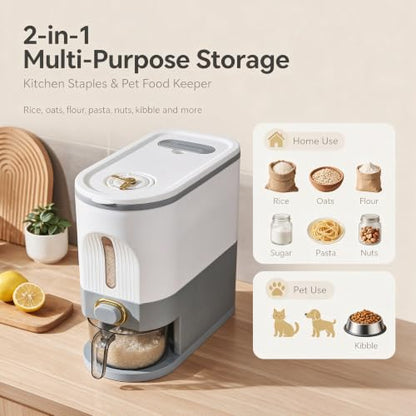 Gagee 11 Lbs Rice Dispenser with Measuring Cup | Pet Dog Cat Food Dispenser, Kitchen and Pantry Organization, For Sugar, Cereal, Flour, Grain, Coffee Beans Storage - color: 11 White