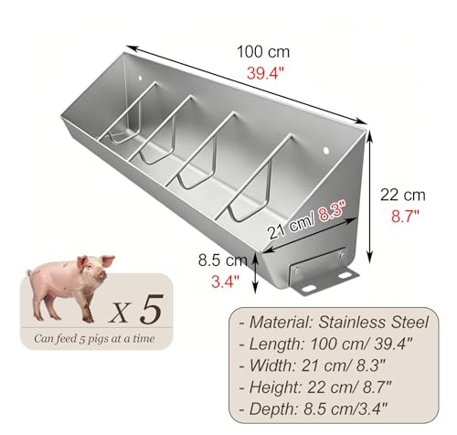 Piglet Feed Trough with 5 8 10 Holes, Hanging Stainless Steel Feed Trough, Large Capacity Livestock Feeder for Cattle Sheds/Pasture(L100cm/39.4"(5 Slots)) - size: L100cm/39.4"(5 Slots)
