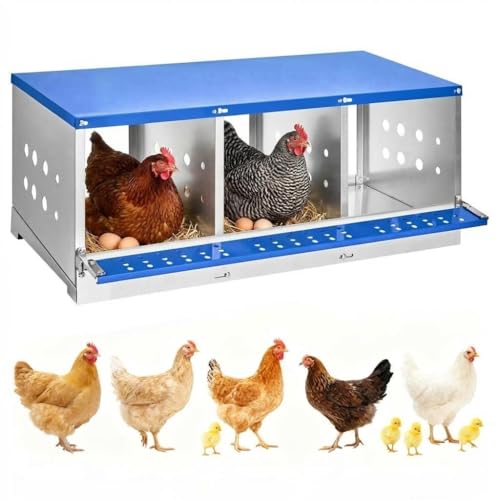 Chicken Nesting Box, Heavy Duty Multi-Compartment Metal Hen Laying Box with Breathable Holes & Resting Platform, Wall Mounted/Floor Rollaway Nest Box for Easy Clean & Egg Collection - color: Blue, size: 3 compartment