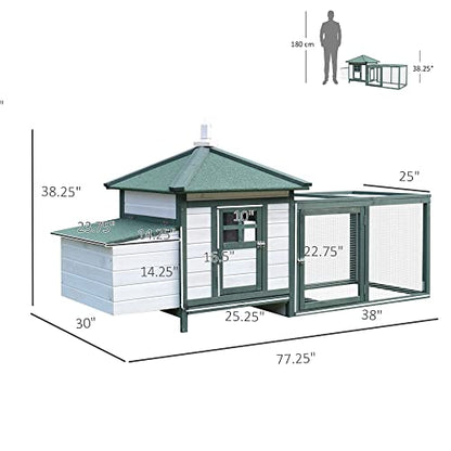 PawHut 77" Wooden Chicken Coop with Nesting Box, Cute Outdoor Hen House with Removable Tray, Ramp Run, for Garden Backyard, Green - color: Green