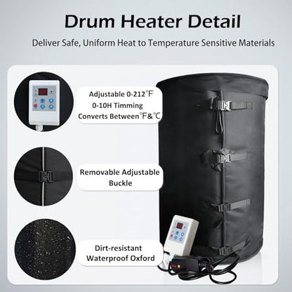 Industrial Grade/Weather Resistant Drum Heating Blanket,55 Gallon Drum Heater Fixed Thermostat 0-150℉,Insulated Pail Band Heater with 10ft Power Cable