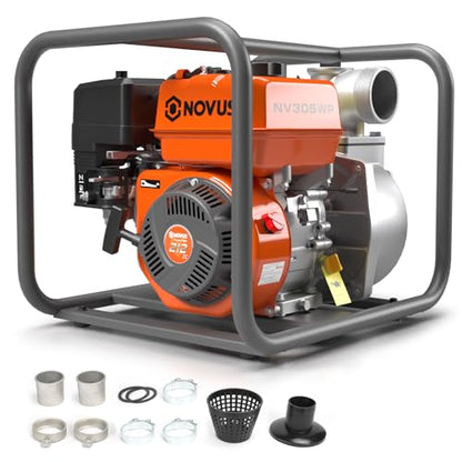 NOVUS Semi Trash Pump 3 Inch, 212cc 4 Cycle Engine, 238 GPM 100ft Lift 23ft Suction, Gas Powered Water Pump for Pond Pool Draining Gardening Irrigation, EPA Certified - size: 3" Semi Trash Pump