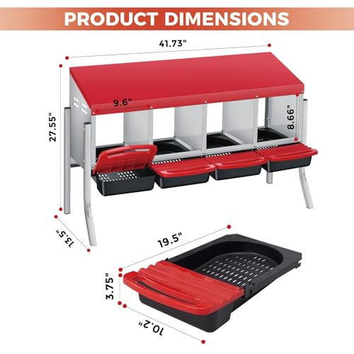Chicken Nesting Boxes, Heavy-Duty 8-Compartment Metal Chicken Nesting Box – Removable Tray, Ventilation Holes, Easy Egg Collection, Rustproof Galvanized Steel - Red - 4 - Slot - with Legs - color: Red, size: 4 - Slot - With Legs