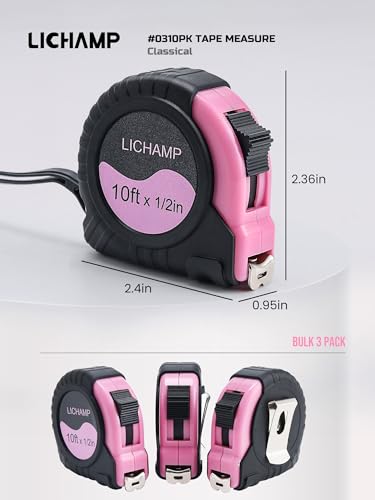 Lichamp Small Tape Measure 10 Feet, Pink Tape Measure Mini 3 Pack 10ft x 1/2in with 1/8 Fractions, 0310PK