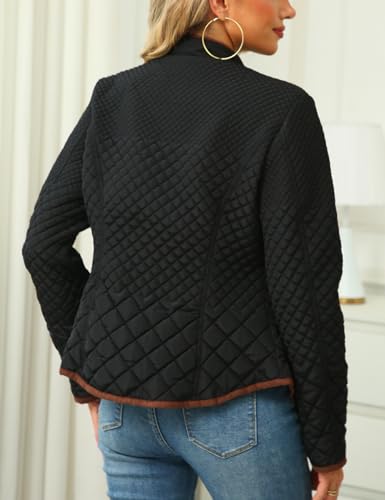 Bellivera Women's Stand Collar Lightweight Quilted Puffer Jacket | Casual Padded Zip Long Sleeve Coat for Spring and Winter with Pockets - color: Black Diamond, size: X-Large