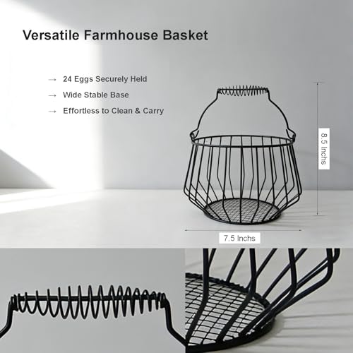 Wire Egg Basket for Gathering Fresh Eggs with Coiled Handle, Chicken Coop | Egg Basket Countertop, Fruit Basket Kitchen Counter, Harvest Basket, Easter Egg Basket, Holds 24 Eggs, Stable Base, Black
