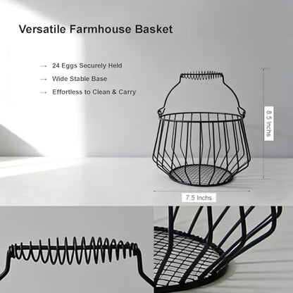 Wire Egg Basket for Gathering Fresh Eggs with Coiled Handle, Chicken Coop | Egg Basket Countertop, Fruit Basket Kitchen Counter, Harvest Basket, Easter Egg Basket, Holds 24 Eggs, Stable Base, Black