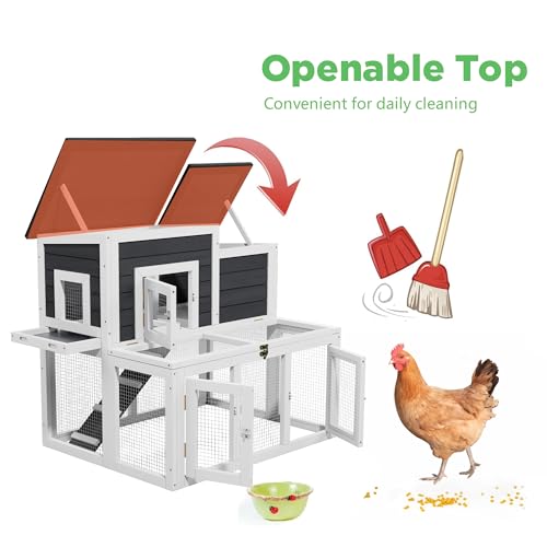 Small Chicken Coop for 2 Chickens,Wooden Chicken Coops with Nesting Boxes Indoor Outdoor,Bunny House Rabbit Hutch Poultry Pet Run Cage with 2 Waterproof Roof, Stairs&Leak-Proof-Tray (White) - color: White