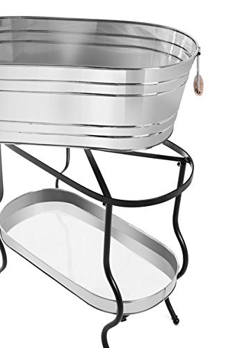 BIRDROCK Home Stainless Steel Beverage Tub with Stand - Bottom Tray - Ice Bucket - Party Drink Holder - Wooden Handles - Outdoor or Indoor Use - Free Standing