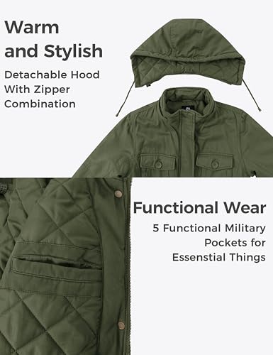 wantdo Women's Winter Coat Warm Anorak Parka Cotton Windproof Jacket with Removable Hood - color: Army Green, size: Small
