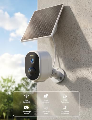 GNCC Solar Security Camera Wireless Outdoor, 2K Battery Powered Camera with Solar Panel, 5G&2.4GHz WiFi, Spotlight Color Night Vision, AI Motion Detection, Siren Alarm, Cloud/SD Storage (White-1 Pack)