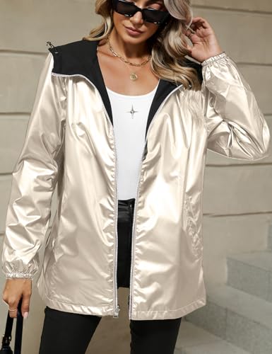 Bellivera Women's Lightweight Coat Windbreaker Zip Up Long Sleeve Jacket Outdoor Raincoat with Hood - color: Gold Windbreaker, size: XX-Large
