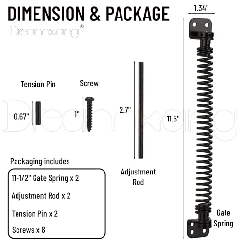 11-1/2" Gate Spring Self Closing Heavy Duty Outdoor Door Spring Automatic Fence Gate Closure Hardware Spring Loaded Gate Latch with Adjustable Tool for Wooden and Vinyl Fence, Black (2 Pack) - size: 11-1/2 Inch