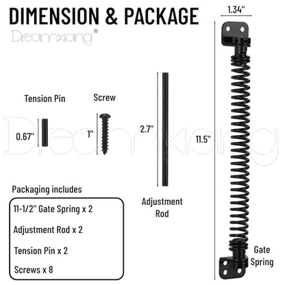 11-1/2" Gate Spring Self Closing Heavy Duty Outdoor Door Spring Automatic Fence Gate Closure Hardware Spring Loaded Gate Latch with Adjustable Tool for Wooden and Vinyl Fence, Black (2 Pack) - size: 11-1/2 Inch