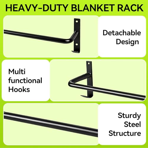 4Pcs Heavy Duty Horse Blanket Rack with Bridle Hooks, Wall Mounted Assembled Blanket Bar, Saddle Pad Rack for Horse Tack Storage, Black