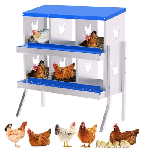 6 Compartment Chicken Nesting Box, Galvanized Steel Metal Laying Box with Removable Tray Roll-Out Egg Collection, Wall Mount Hen Roosting Box, Easy Egg Collection - color: Blue, size: 6 holes with legs