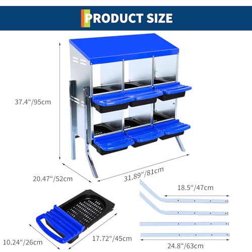 Chicken Nesting Box, 6-Hole Roll Away Egg Laying Box with Lid, Galvanized Steel Rustproof Design - Easy Egg Collection, Easy Clean with Bracket Legs, Blue - color: blue, size: 6 HOLES WITH LEGS