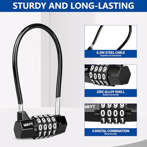 Cable Locks with Combination,Steel Cable Rope Wire 4-Digit Combination Lock with Resettable Code for Bikes, Lockers, File Cabinets, Wardrobes, Small Fences,gate Lock, Pool Padlock. - size: Span 3.5 in,Cable length 7*0.2 in