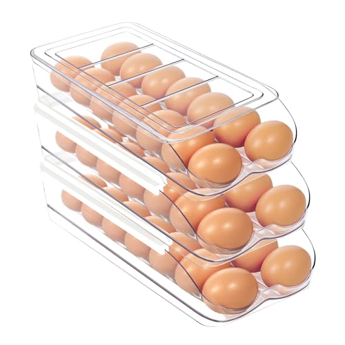 MesRosa Egg Holder for Fridge, Automatic Rolling Egg Organizer for Refrigerator, Clear Plastic Egg Container & Tray, Stackable Dispenser and Storage Bin with Sturdy Lid to Saving Space -3 Layer - size: 3 Layer Holder 42 Eggs