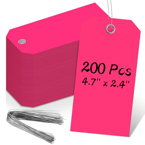 200 PCS 4 3/4" x 2 3/8" Neon Color Shipping Tags with Wire Paper Heavy Duty Hang Tags with Reinforcement Holes Writable Luggage Tag with String Durable Marking Tags (Neon Pink, 4 3/4" x 2 3/8") - color: Neon Pink