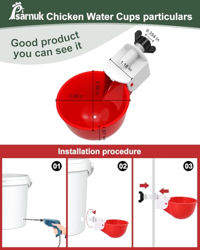Chicken Waterer Cups (8 Pack) with 3/8" Drill Bit - Red | Automatic Poultry Drinker Feeder Kit for Chickens, Ducks, Turkeys, Quail, Bunnies | DIY Gravity Fed Bucket Water Dispenser - color: Red, size: 8 Pack + Drill bit