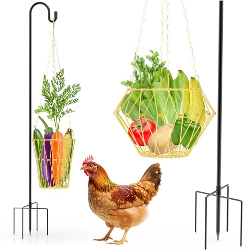 Hanging Chicken Feeder with Shepherd's Hook, Foldable Chicken Vegetable Feeder, Golden Poultry Fruits Feeding Holder Basket with Hanging Chain for Chicken Coop Accessory - color: Hanging Chicken Feeder with Hook