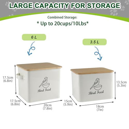 Airtight Bird Seed Storage Container Set of 2, 10LB Metal Bird Food Container with Bamboo Lids,Wild Bird Seed Tin for Storing Sunflower Seed-Squirrel proof -White - color: White(Bird Feed)