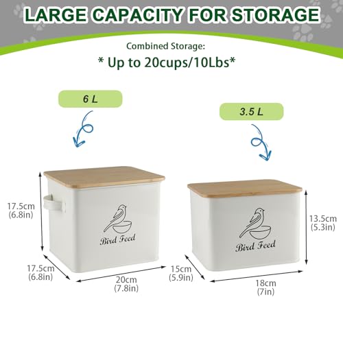 Airtight Bird Seed Storage Container Set of 2, 10LB Metal Bird Food Container with Bamboo Lids,Wild Bird Seed Tin for Storing Sunflower Seed-Squirrel proof -White - color: White(Bird Feed)