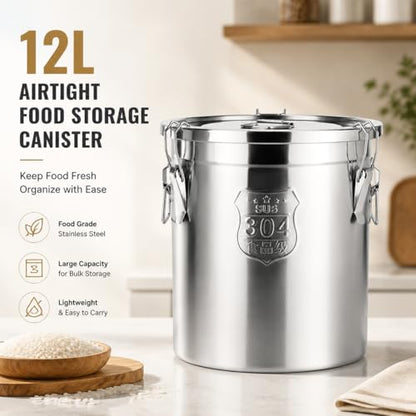12L/2.64gal Stainless Steel Airtight Canister, Food Storage Canisters with Airtight Lid&Locking Clamp, Rice Container Cereal Grain Canisters, Storager Bucket for Flour, Coffee Bean, Sugar, Cookie - color: 12L