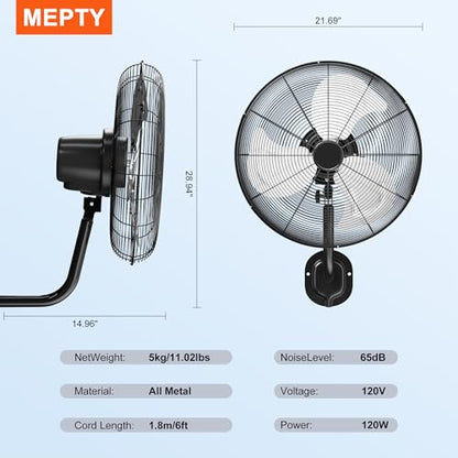 MEPTY 20" Wall Mount Fan, Heavy Duty Industrial Outdoor Wall Fan, High Velocity Oscillating Fans with 3 Speeds for Patio, Shop, Greenhouse, Garage, Commercial, Household use - size: 20inch