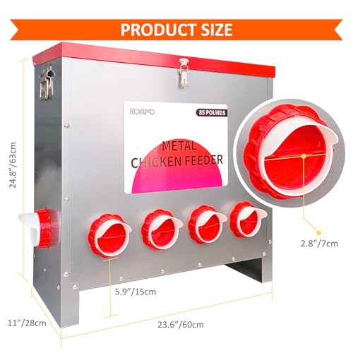85 lb Automatic Poultry Feeder, 10-Port Feed Box for Chickens | Metal build, Locking lid, Weatherproof design, Rodent-resistant storage, Ducks, Geese, Turkeys, Backyard coop, Farm use