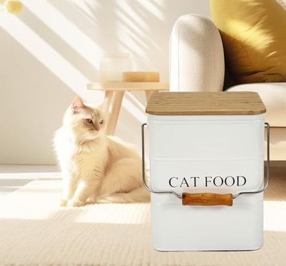 Morezi Cat Food Storage Container Storage bin with Wooden lid Scoop Included White Metal cat Food Container in Kitchen countertop - color: Cat Food Wood Lid white