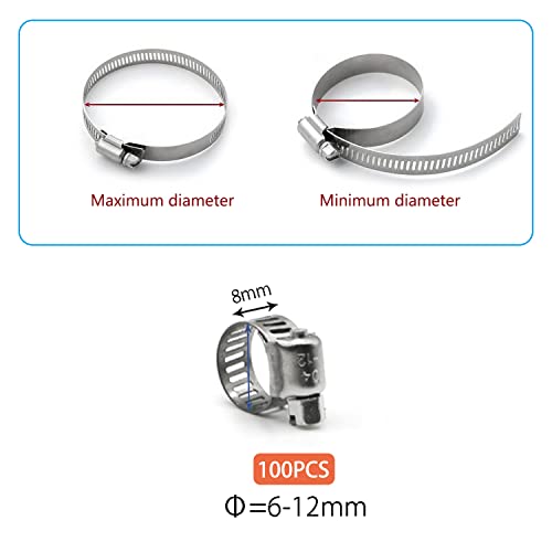 ZIPCCI Small Hose Clamp, 100 Pack Hose Clamps Stainless Steel Worm Gear Fuel Line Hose Clamps, 6-12mm (1/4-1/2 inch) - size: 6-12mm (3/8inch)
