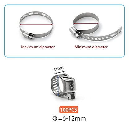 ZIPCCI Small Hose Clamp, 100 Pack Hose Clamps Stainless Steel Worm Gear Fuel Line Hose Clamps, 6-12mm (1/4-1/2 inch) - size: 6-12mm (3/8inch)