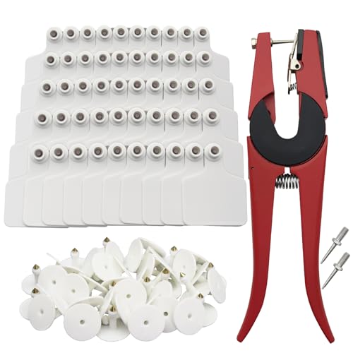 Blank Cattle Ear Tags with Pliers, White, 100 Pieces | TPU Material,Large Livestock Identification Tags, For Cattle Cow Horse Pig Goat Sheep - color: White