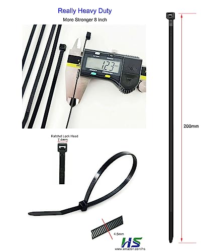 HS Thick Zip Ties 8 Inch x 3/16" (Bulk-500 Count) UV Black Cable Ties 50 Pounds Heavy Duty Self-Locking Strap Ties for Automotive,Outdoor Fence Purpose - color: Black 8"500
