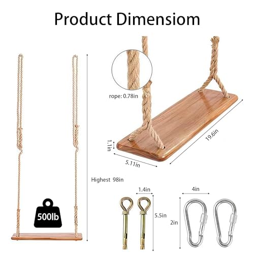 Hanging Wooden Swing, Seat 19.7"x 5.1"× 1.2", Tree Swings for Adults and Kids Outdoor, Adjustable Hemp Rope Plus Tree Straps 80 inch, Kids Indoor Swing with 500lb,Indoor Swing for Adults